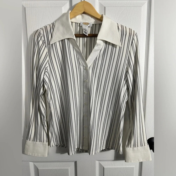 Talbots Petites blouse, large. White with gray/black stripe, wide collar, spring - Picture 1 of 12